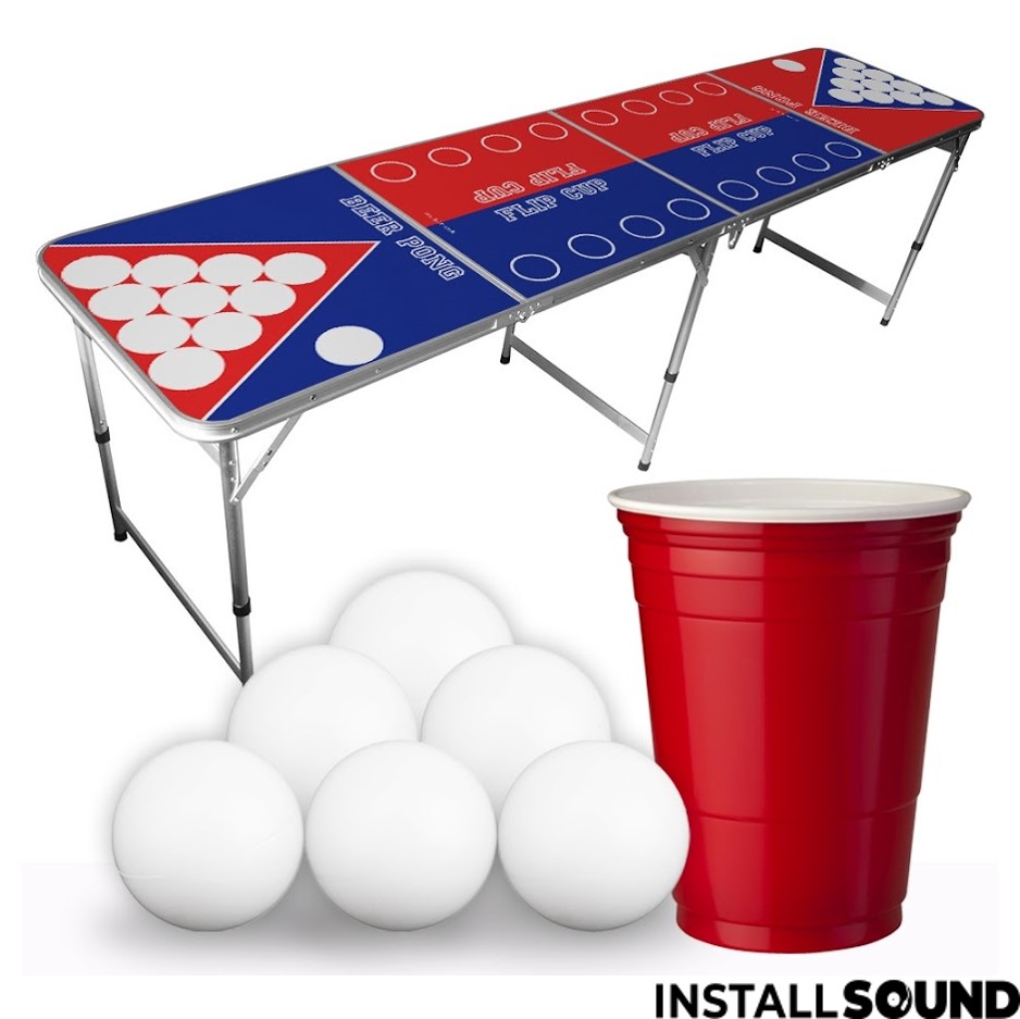 Lej Beer pong bord med tennisbolde, kupper i rød og blå hos Installsound