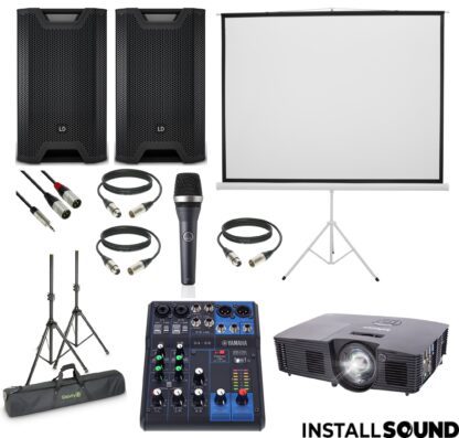 LD systems IQOA 12", med Yamaha MG06 mixer, AKG D5 mikrofon, Projektor lærred, Infocus projektor
