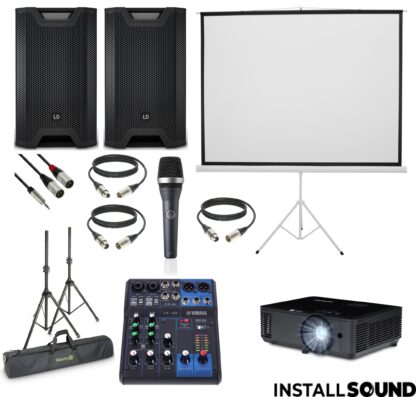 LD systems IQOA 12", med Yamaha MG06 mixer, AKG D5 mikrofon, Projektor lærred, Infocus projektor